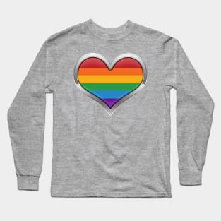 Large LGBT Rainbow Pride Flag Colored Heart with Chrome Frame Long Sleeve T-Shirt